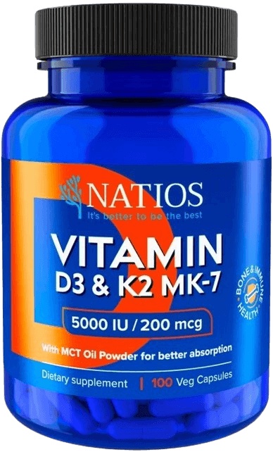 NATIOS Vitamin D3 & K2 (MenaQ7 MK-7) 5000 IU & 200 mcg 100 kapslí